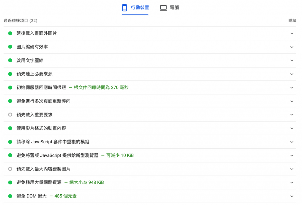 通過 PageSpeed Insights  網頁速度檢測的項目
