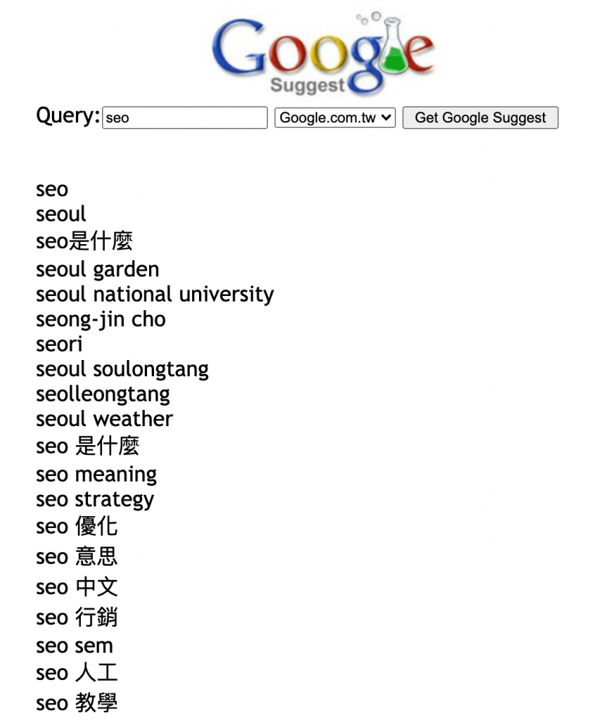 Google Suggest 關鍵字建議清單